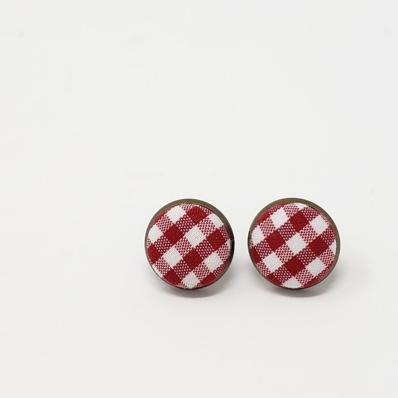 New Handmade | Upcycled Plaid Button Stud Earrings - Picture 1 of 3